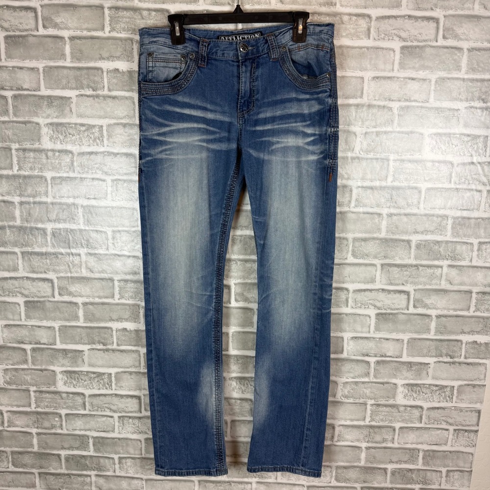 Affliction Ace Black Premium Mens Jeans Size 32 Straight Leg Embroidered Blue